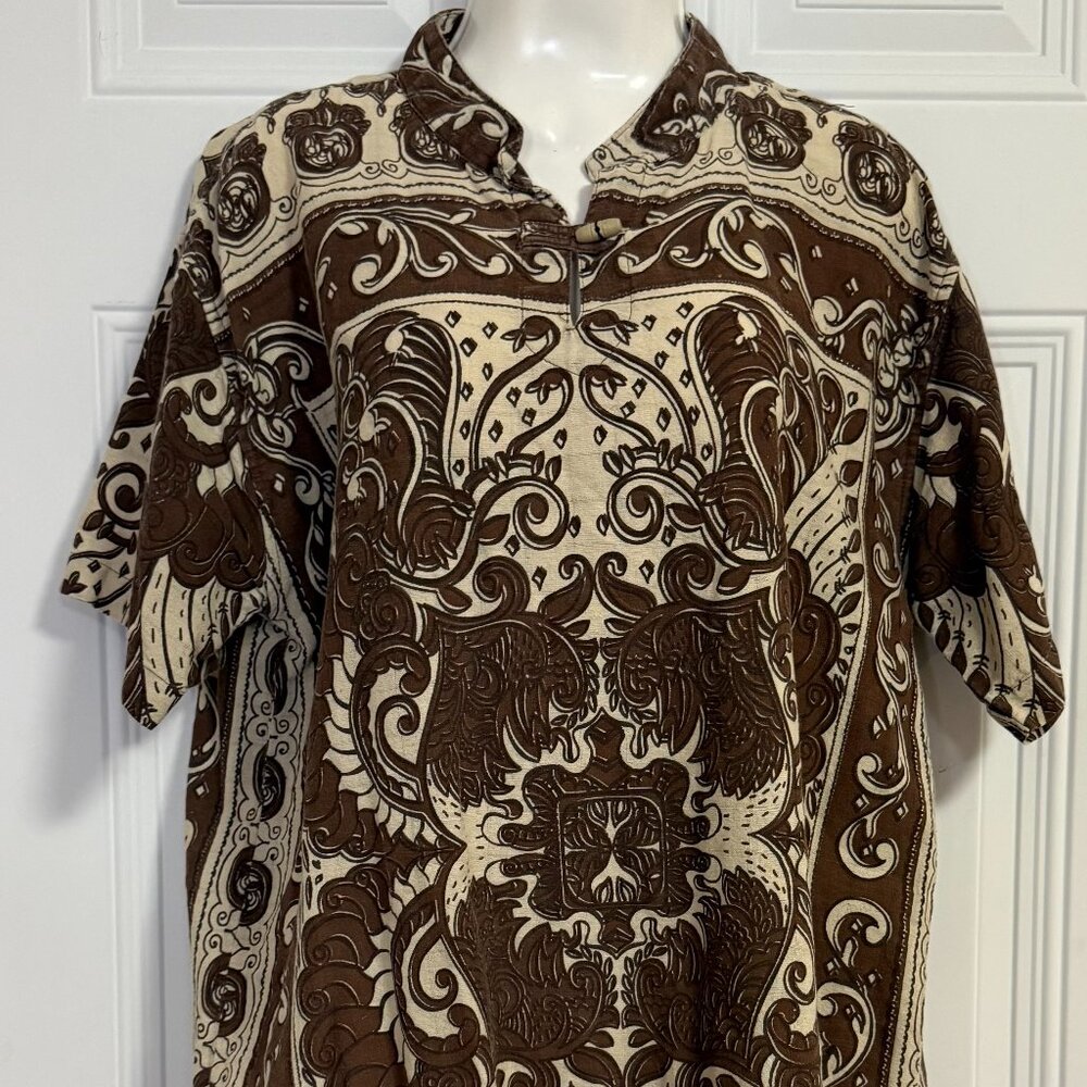 Earthbound Trading Co. Top SZ Large Vintage Brown & Cream Batik Print Aloha